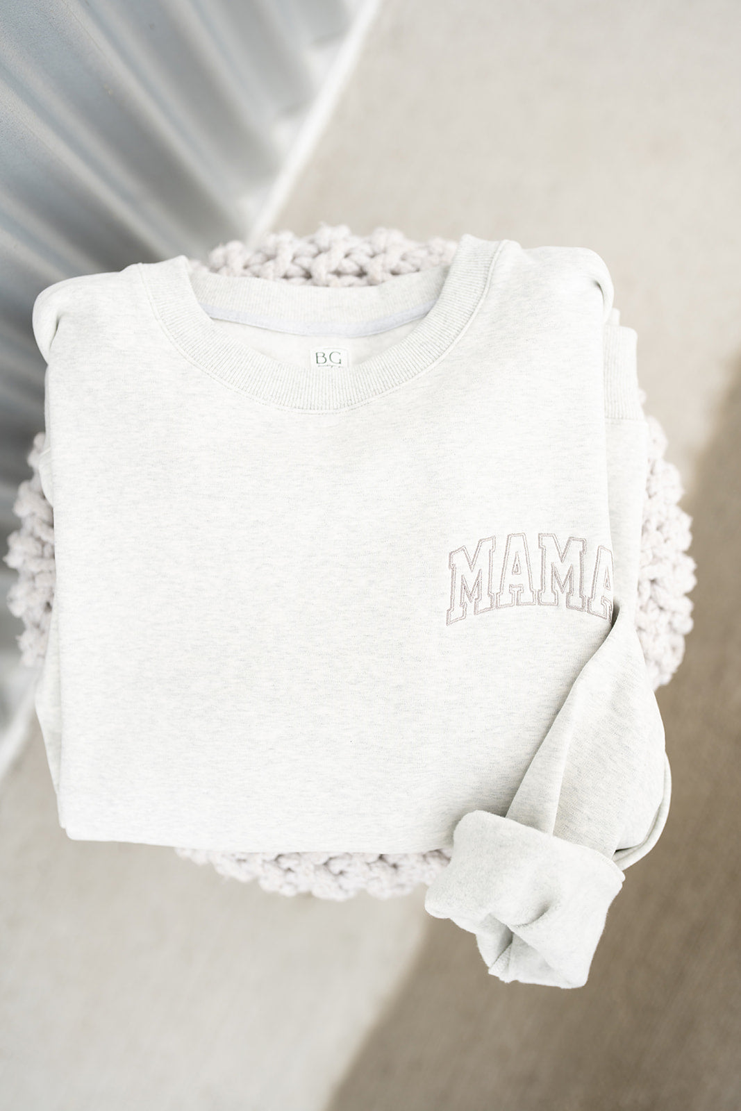 Pocket Placement  "MAMA" Drop Shoulder Crewneck - HEATHER GRAY