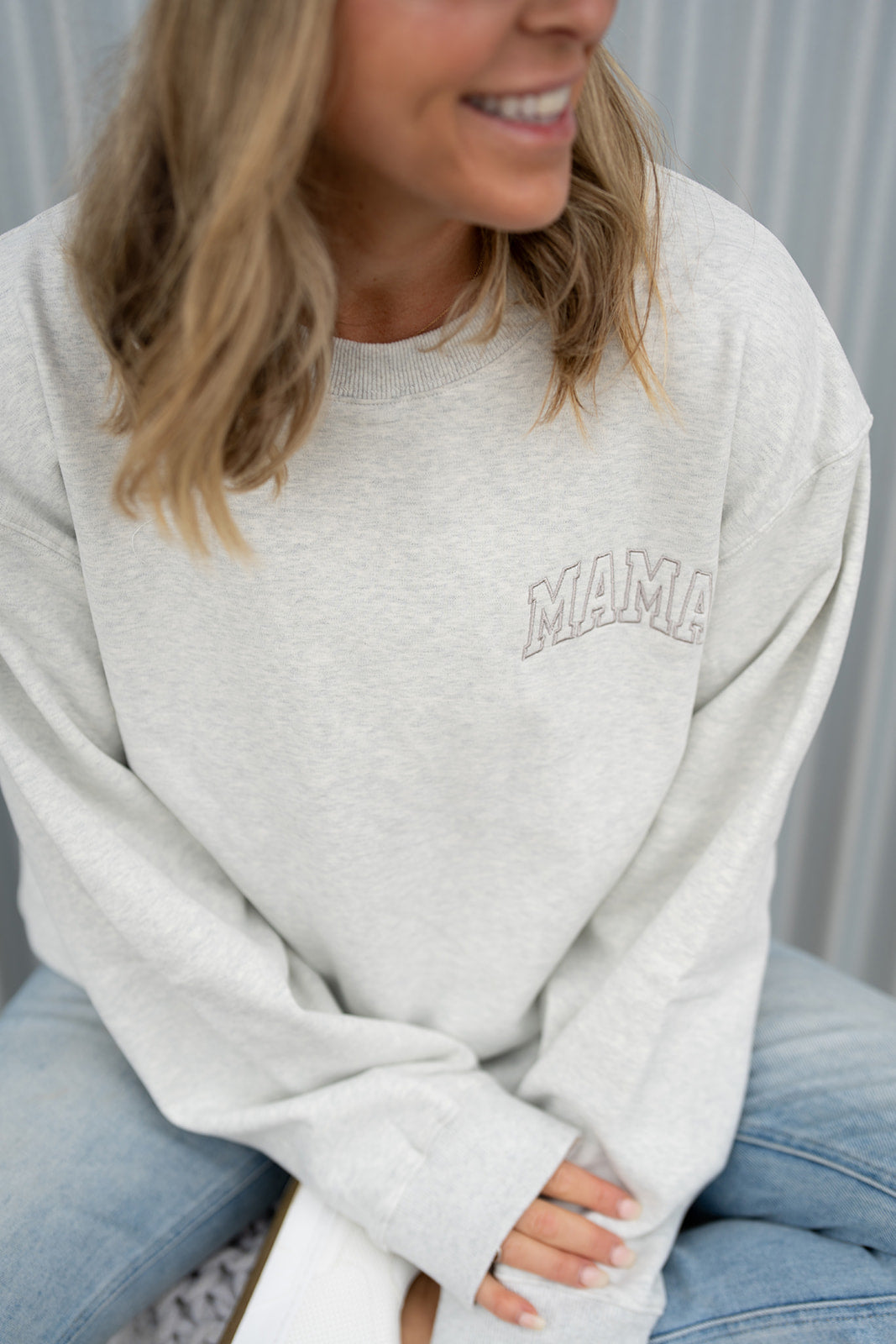 Pocket Placement  "MAMA" Drop Shoulder Crewneck - HEATHER GRAY