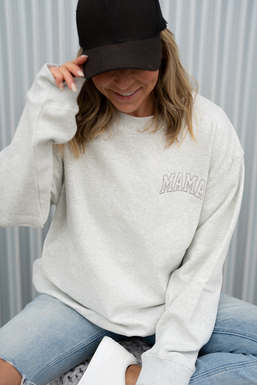 Pocket Placement  "MAMA" Drop Shoulder Crewneck - HEATHER GRAY