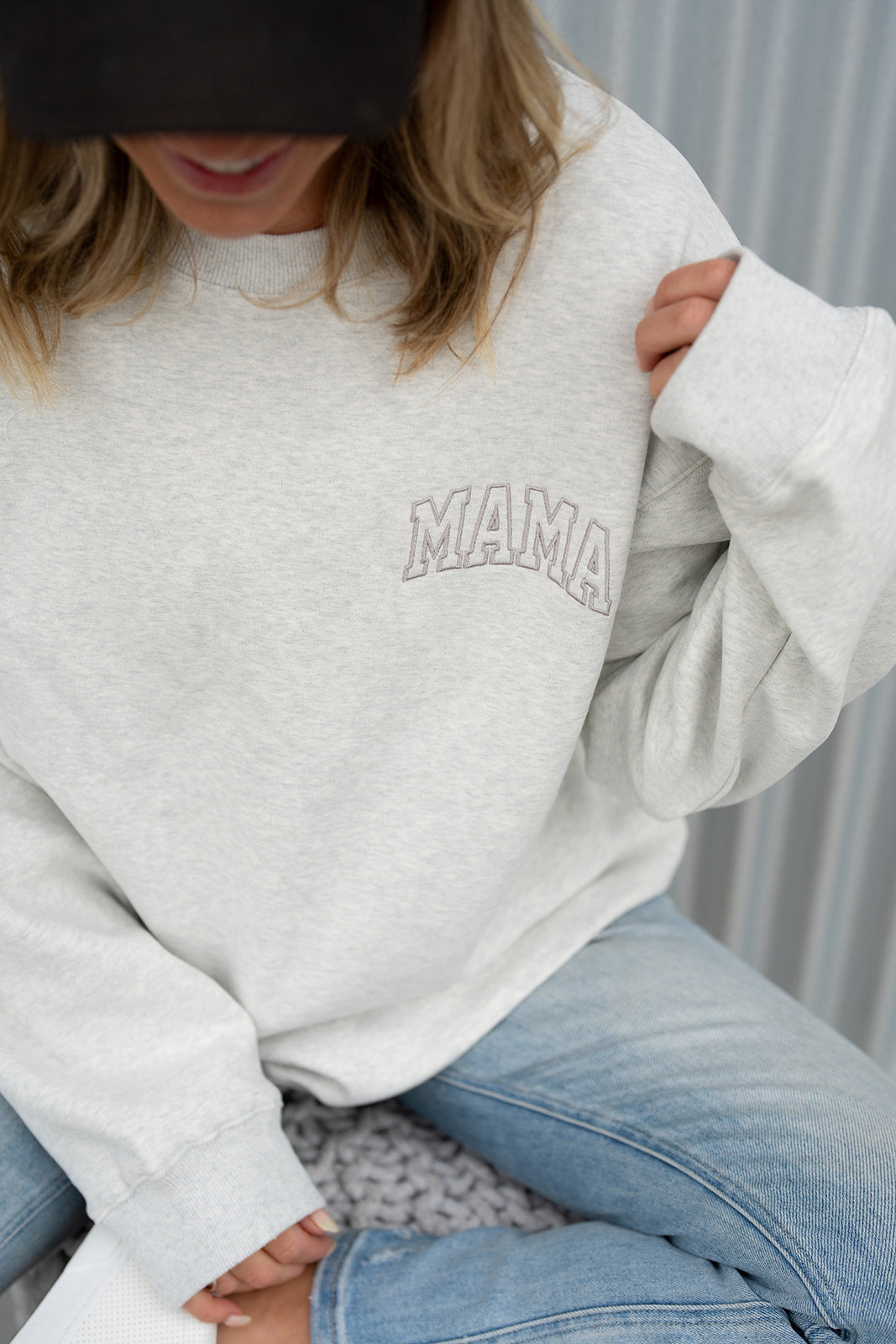 Pocket Placement  "MAMA" Drop Shoulder Crewneck - HEATHER GRAY