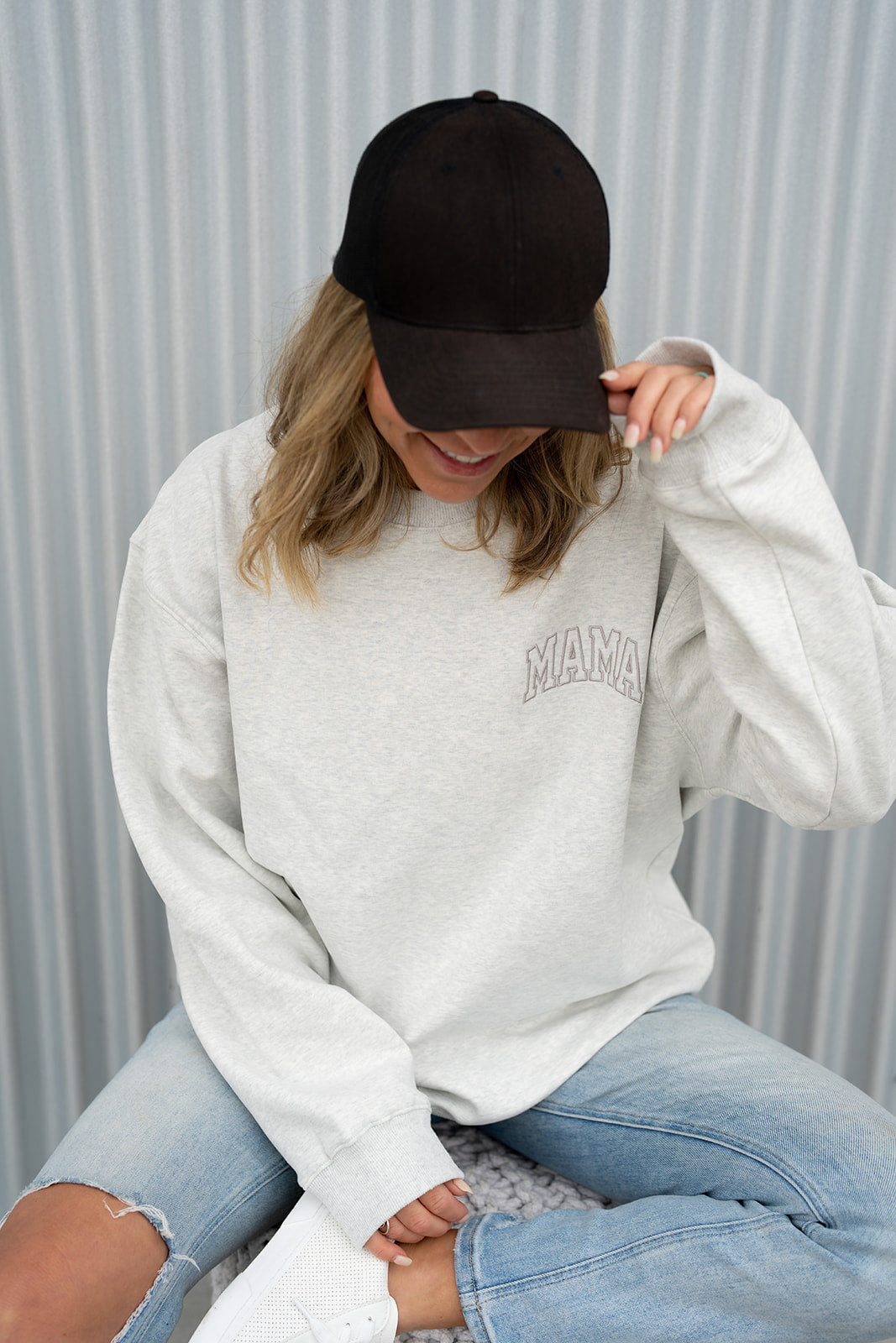 Pocket Placement  "MAMA" Drop Shoulder Crewneck - HEATHER GRAY