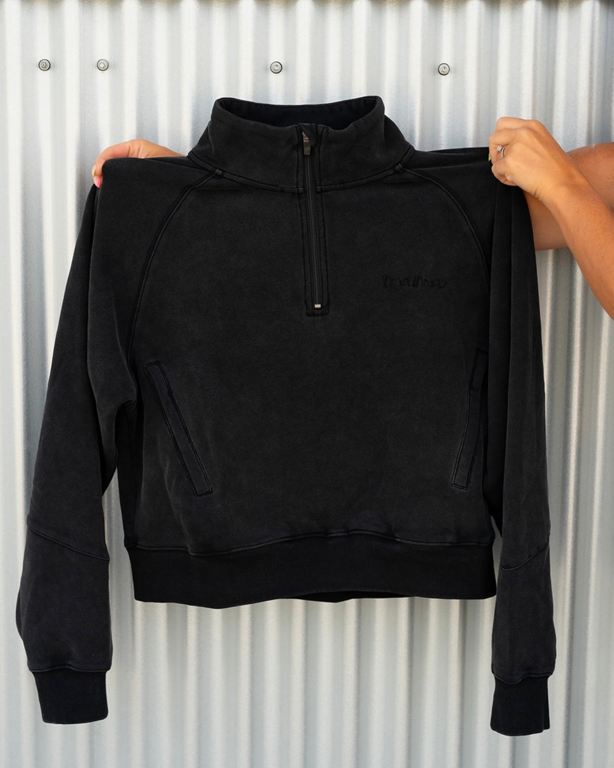 "mama" Quarter Zip - Mineral Washed Black