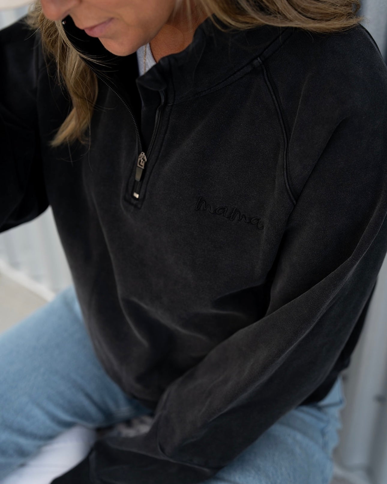 "mama" Quarter Zip - Mineral Washed Black