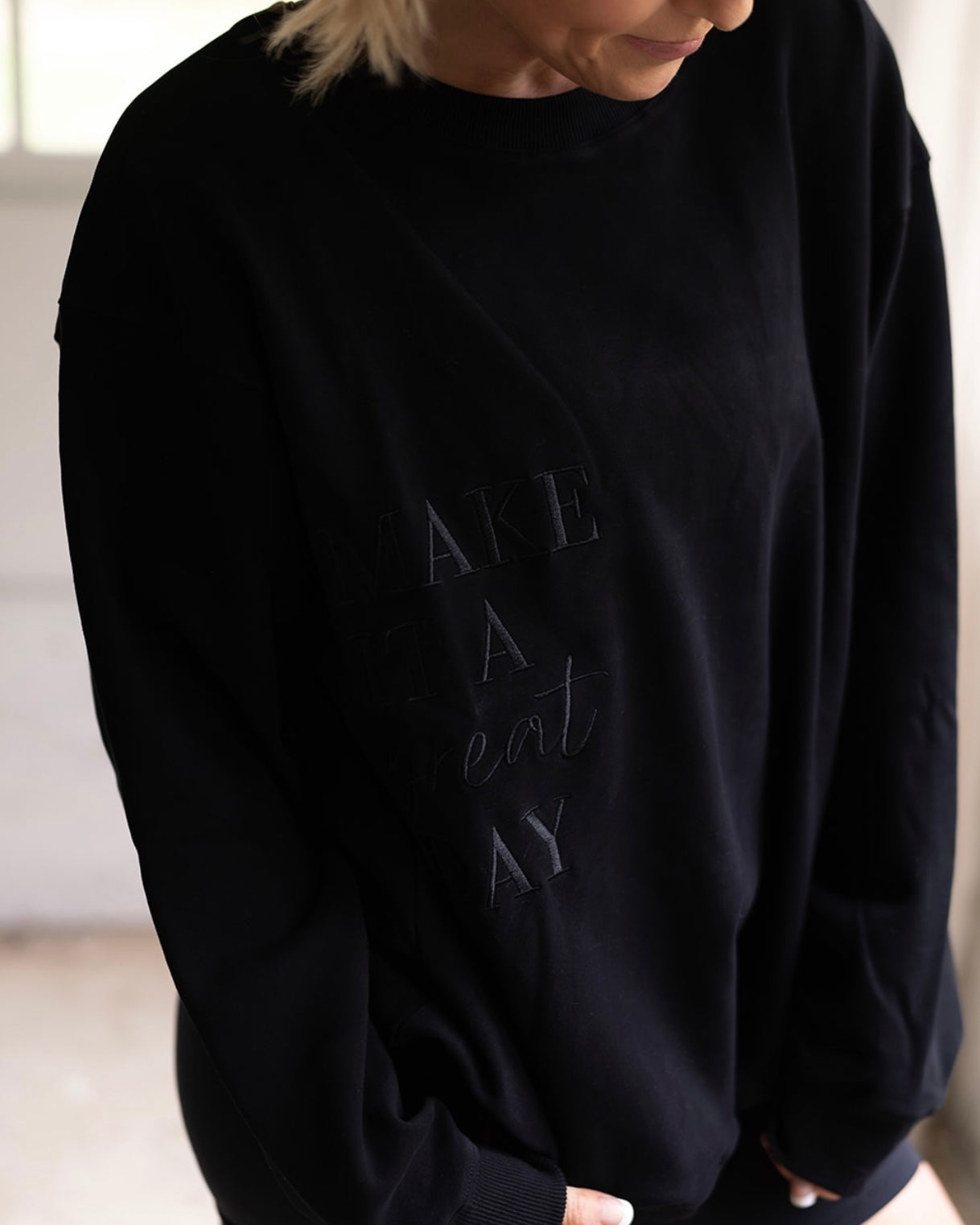 "Make it a great day" Drop Shoulder Crew -  BLACK